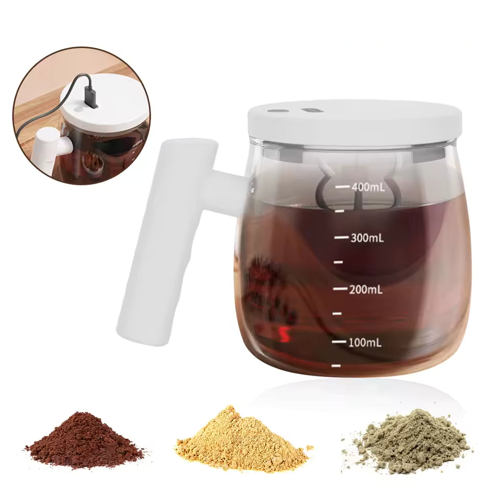 Automatische Rühr-Kaffeetasse aus Glas – 400 ml, USB-C, Wiederaufladbar